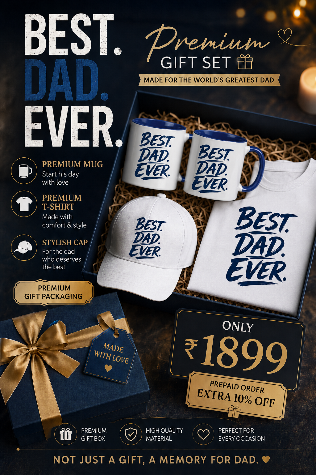 "Best Dad Ever" Premium Gift Set | T-Shirt + Mug + Cap Combo