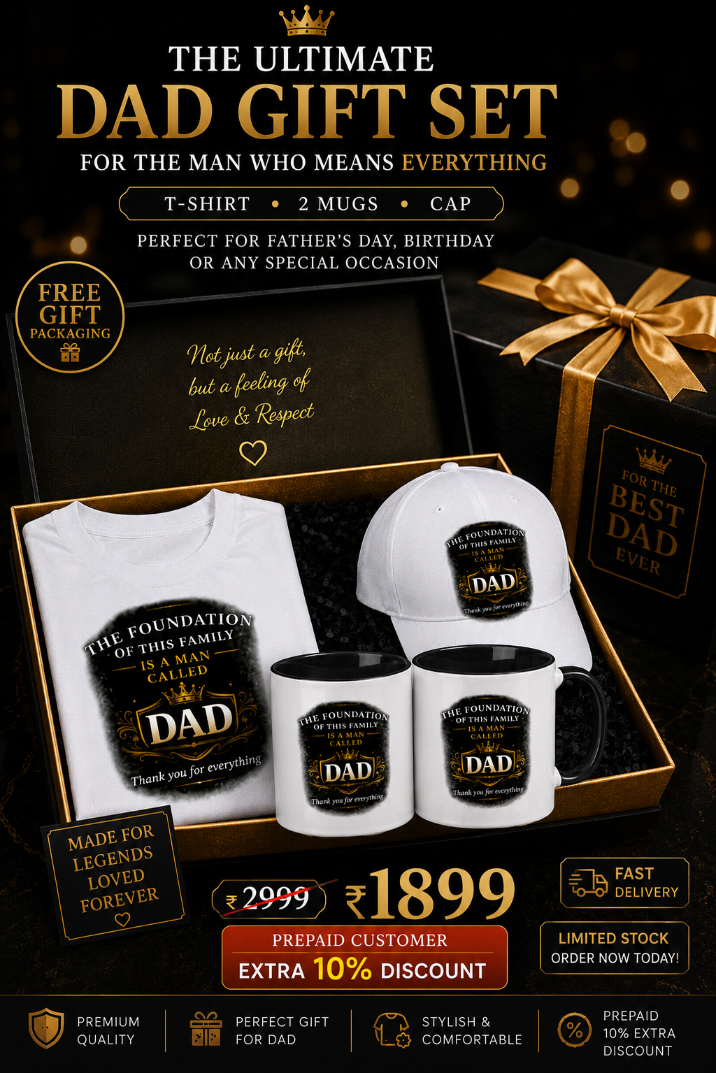 🎁 Dad Premium Gift Set | T-Shirt + Mug + Cap
