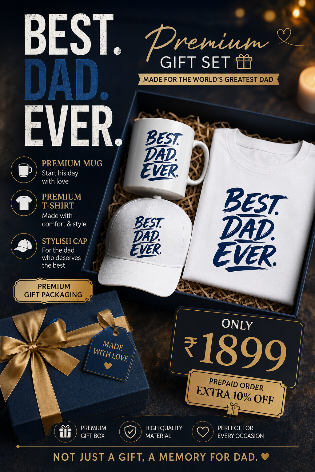 "Best Dad Ever" Premium Gift Set | T-Shirt + Mug + Cap Combo